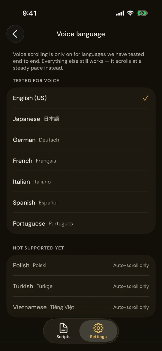 Voice language screen listing seven tested languages and three that only auto-scroll