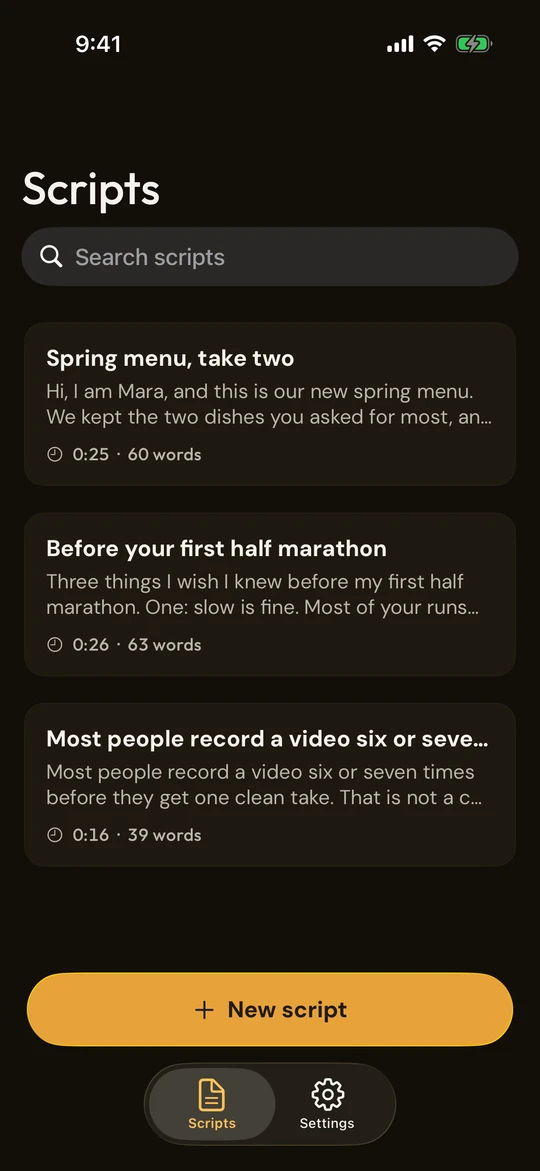 Scripts list with three scripts and their reading times