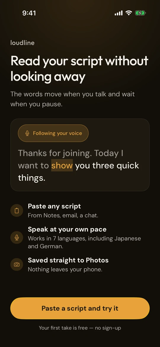 Loudline welcome screen saying Read your script without looking away